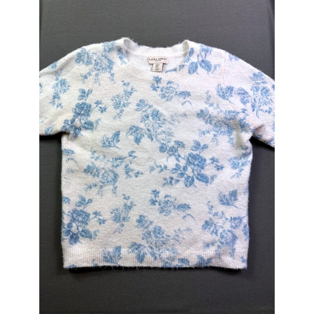 Laura Ashley Womens Blue Floral Toile Short Sleeve Fuzzy Knit Sweater Size M